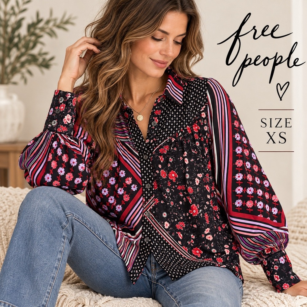 Free People Hazel Blouse Women XS Black Pink Floral Patchwork Oversized Boho Top